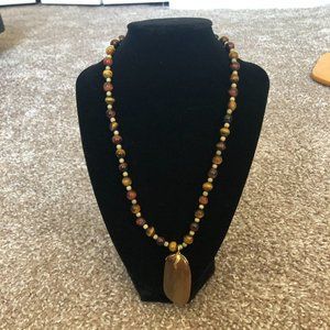Brown & Gold Beaded 10" Necklace with Large Stone